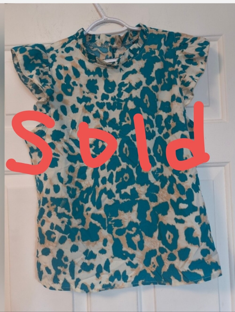 Women's Animal Print Teal Ruffle Blouse Medium Casual